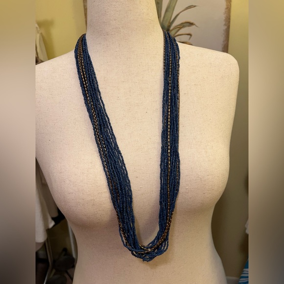 Avenue Blue and Gold Layered Seed Bead Necklace EUC - Picture 4 of 7